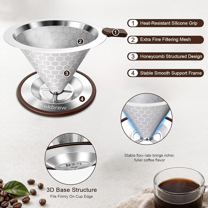 Pour Over Coffee Dripper, Stainless Steel Coffee Filter 600 Mesh Ultra-Fine,Paperless Reusable Coffee Filter,1-2 Cup Portable Single Serve Coffee Maker for Home Office Travel