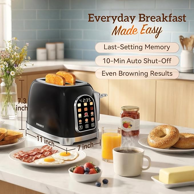 RONGBEST Retro 2 Slice Toaster with Stainless Steel Wide Slot Touch Screen for Family Breakfast, 6 Browning Levels, Reheat & Defrost Bagel and Bread, Removable Crumb Tray, Jet Black