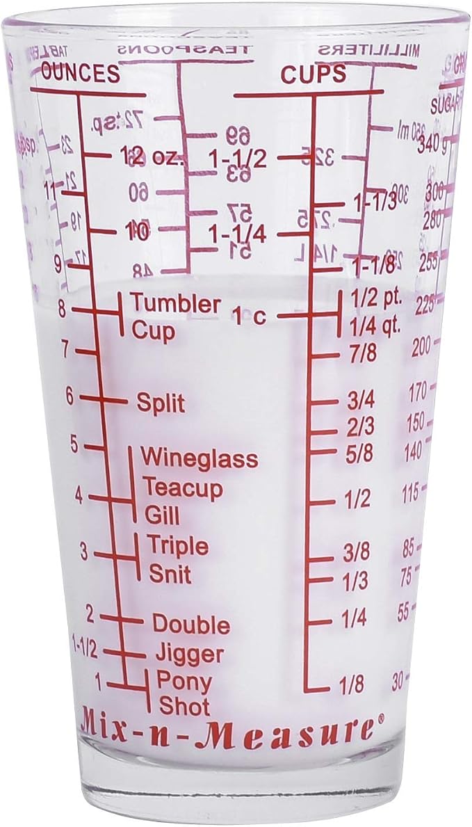 Kolder Mix N Measure Glass, Multi-Purpose Liquid and Dry Measuring Cup, 6 Units of Measurement, Heavy Glass, Red