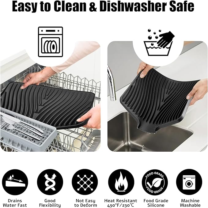 TIKNIK Silicone Dish Drying Mat for Kitchen Counter, Black-1pc, 20" x 15" | Heat Resistant & Non-Slip Dish Drain Pad with Built-In Drain, Dishwasher Safe, Quick-Dry, Hangable & Roll-Up for Storage