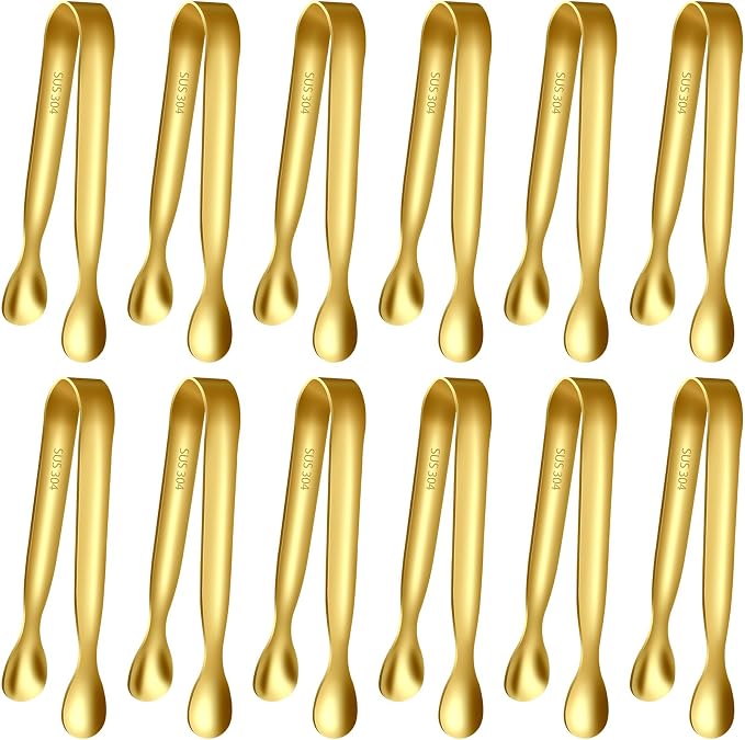HOTEC 12Pcs Mini Gold Tongs for Serving, 4.3" Small tongs Stainless Steel Sugar Tongs for Coffee Bar, Tea Party, Appetizers, Desserts, Buffet and Ice Bucket Food-Grade & Dishwasher Safe