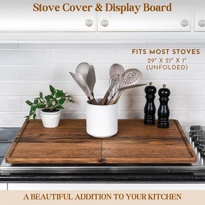 Extra Large Foldable Stovetop Cover Cutting Board – Double-Sided 29" x 21" Collapsible Noodle Board – XL Prep, Charcuterie & Sink Cover | Acacia Wood