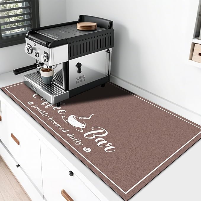 CooRug Fashion Coffee Mat, Dish Drying Mat 17" x 32" Brown | Hide Stain, Absorbent, Coffee Bar Accessories, Heat Resistant, Non-slip, Eco-friendly, Easy to Clean