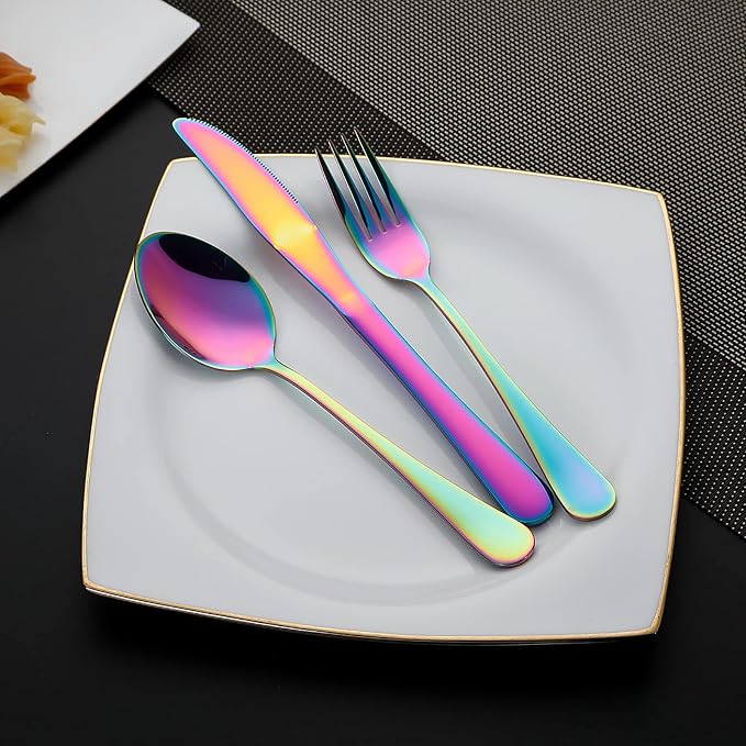 DEVICO Camping Utensils, Full-Size Travel Silverware Set with Case for Work | 8Pcs Stainless Steel Travel Cutlery Set, Portable Metal Straws Chopsticks Fork Spoon Knife Set for Lunch Box/School, Rainbow