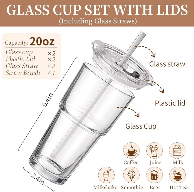 Iced Coffee Cups with Lids 2Pcs: Coffee Bar Accessories - Glass Tumbler with Straw and Lid 20oz - Vintage Glass Cups with Lids and Straws - Tumbler Leak Proof Aesthetic Drinkware for To Go Iced Coffee