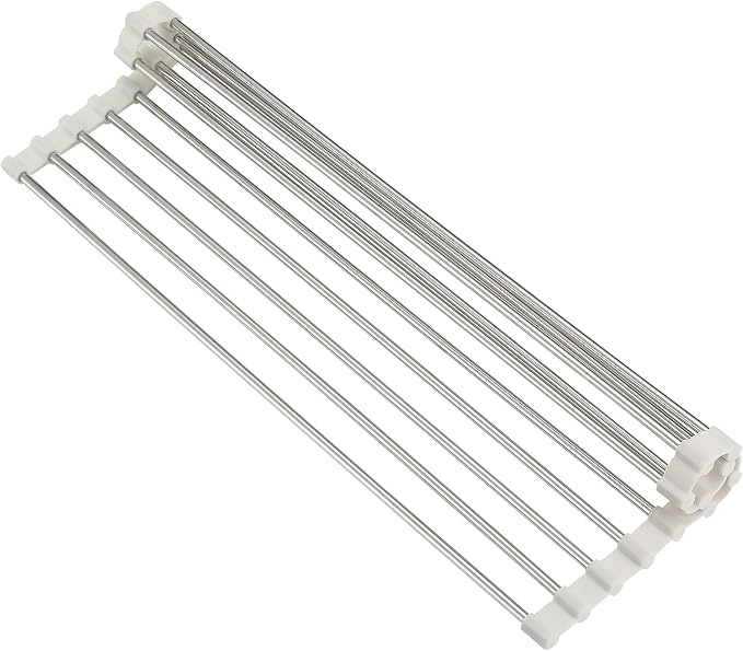 Roll Up Dish Drying Rack, Over Sink Multipurpose Rack, 17.6" x 9.3" Stainless Steel Foldable Dish Drainer, White