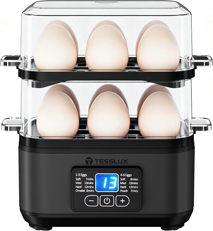 Tesslux Egg Cooker, Dual Layer 12 Egg Boiler, Soft Hard Poached, Black | LED Countdown Timer, Touch Control, Poaching Bowl, Omelet Maker, Two Trays, Vegetable Steamer, Auto Shut-Off, Buzzer Alert