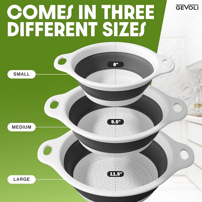 Gevoli Collapsible Colanders (3 Pack Set) Food Strainers with Over-Sink Water Draining Base for Pasta Fruits and Vegetables (Patent Pending) White (3 Sizes, 3QT, 4QT and 5 Quart)