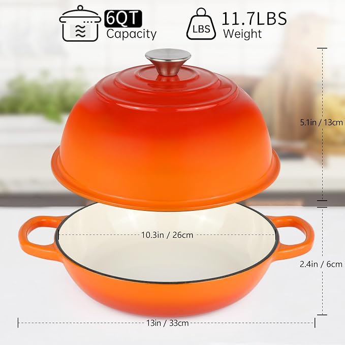 Enameled Bread Oven Dutch Oven Pot with Lid Bread Dutch Oven Orange | for Sourdough Bread Baking, 6 Quarts 10" Cast Iron Bread Pan with Dome Lid, Non-stick Cookware for Homemade Bread