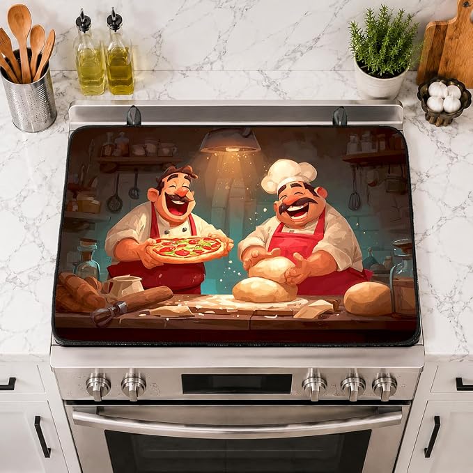 Electric Stove Top Cover for Glass Top, Funny Chef Pie Decor – Heat Resistant Flat Stove Top Covers, Decorative Scratch Protector Mat for Glass Ceramic Cooktop, Non-Slip, 28"x20"