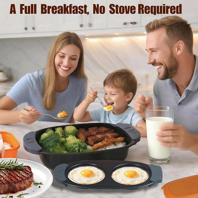 MKYSAIL Quick-Heat Microwave Egg Cooker and 33 OZ Microwave Grill Combo | 2-Piece Breakfast Maker Set for Grilling,Crisping,Bacon,Pancakes & Veggies,Dishwasher Safe,Non-Stick for RV,Dorm,Gift(Orange)
