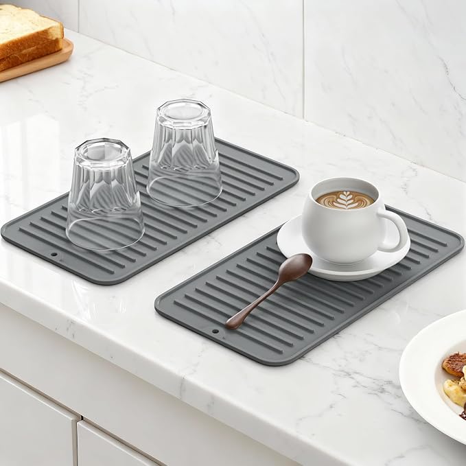 Songrey Silicone Dish Drying Mat for Kitchen Counter, 12" x 6.5", Dark Gray | Drying Pad for Sink Dishes or Under Rack, Multi-Use as Heat Resistant Trivet, Coffee Bar Mat