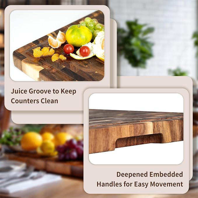 Utoplike Large Acacia Cutting Board 22 x 16 in, End Grain Chopping Boards | Wooden Butcher Block with Handle, Single-side Juice Groove for Turkey, Meat, Vegetables, 1.38"Th