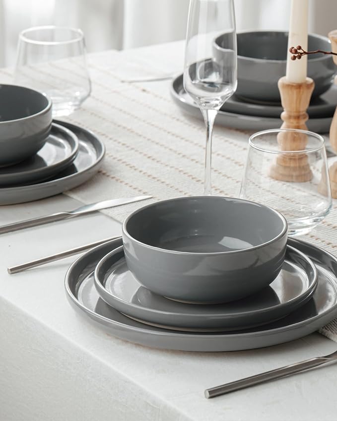 Famiware Milkyway 12-Piece Stoneware Dinnerware Set, Dark Gray | Plates and Bowls for 4, Dishes Set for Everyday & Formal Use, Microwave & Dishwasher Safe, Chip & Scratch Resistant