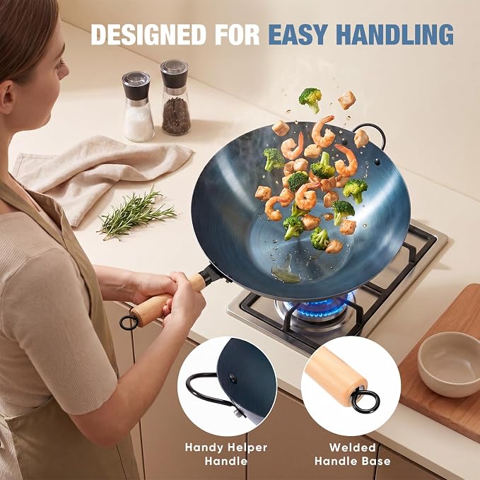 DUMOS 13.5" Carbon Steel Wok Pan, No Chemical Coating, Pre-Seasoned Flat Bottom Pow Wok for Family Meals and Camping, Compatible with Induction, Electric, Gas, Open Fire, Blue