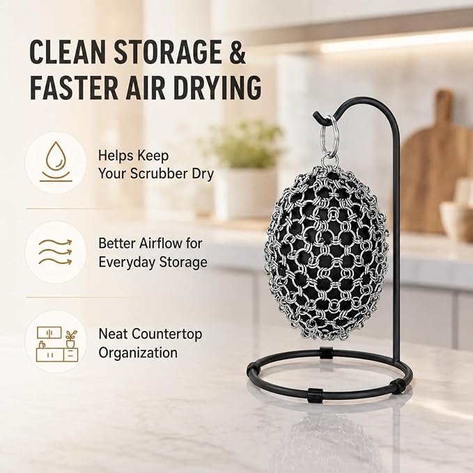 Cast Iron Scrubber Chainmail Set – 316 Stainless Steel Dish Scrub Brush for Cast Iron Skillet Pan Cleaner, Dutch Oven, Wok & Non-Stick Cookware | Dishwasher Safe – Black Double Ring