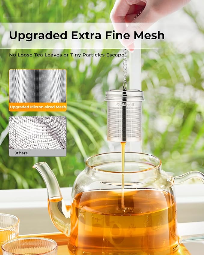 HOUSE AGAIN Tea Infuser, Extra Fine Mesh Tea Strainers for Loose Tea, 18/8 Stainless Steel Tea Strainer with Extended Chain Hook, Tea Steeper for Brew Tea, Spices & Seasonings for Single Cup, 1 Pack