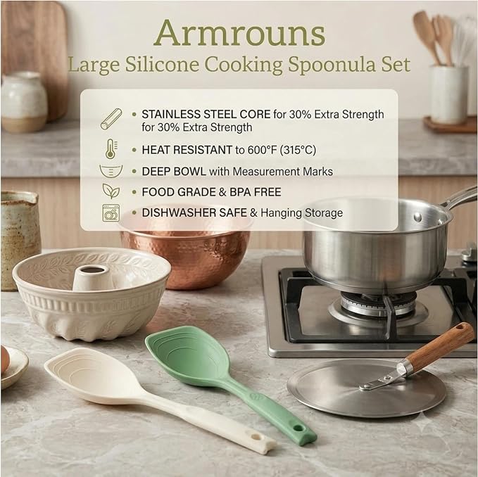 Large Silicone Cooking Spoon 2PC, 12 -inch Non-Stick Spoonula set Deep Bolw & Measurement Mark for Mixing,Serving, Scooping, Scraping, Kitchen Utensils Spoons (White & Green)