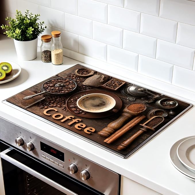 Coffee Stove Top Cover, Cafe Kitchen Decor, 28x20 in | Coffee beans, grinder and espresso cup flatlay on dark wood; flat-printed non-slip mat; protects glass cooktops; 28x20 in
