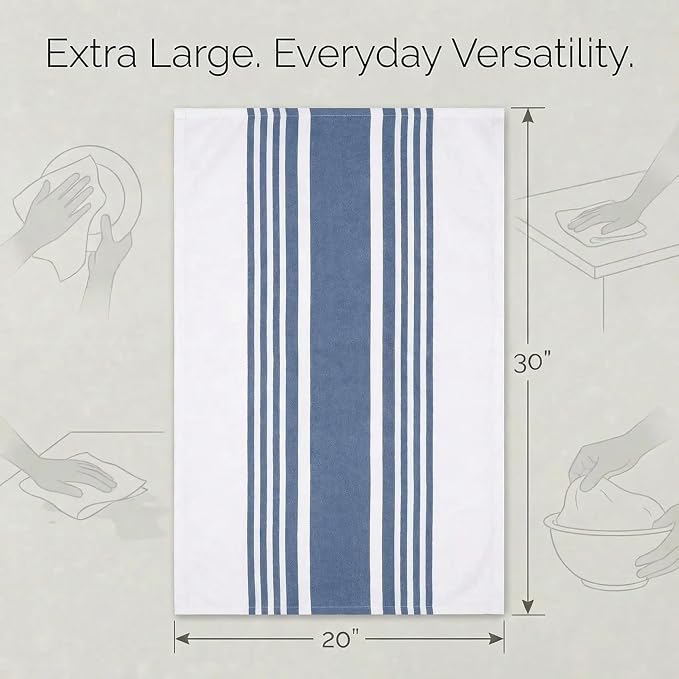 Urban Villa Kitchen Towels 100% Cotton Dish Towels for Kitchen (Set of 6) 20”x30” Dish Cloths Highly Absorbent Kitchen Linen Set with Hanging Loop Perfect for Drying Dishes Cleaning Towels-Blue White