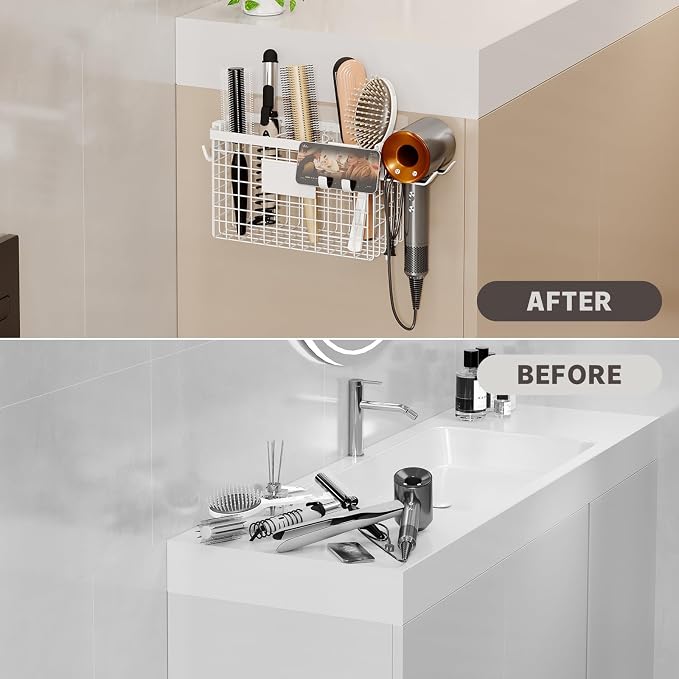 Magheo Hair Dryer Holder Cabinet Door 3-in-1 Adhesive Hair Tool Organizer Wall Mounted Adjustable Height Blow Dryer Holder Under Sink Bathroom Hair Appliance Organizer and Storage Countertop(White)