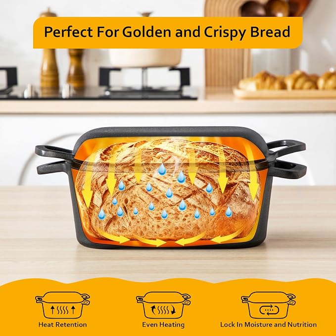 Velaze 3.6 QT Oval Cast Iron Dutch Oven for Bread Baking, Offset Handles | Bread Pan with Lid for Sourdough Sandwich,Small Households Baking,Gift for Bread Bakers,Deep Base,Oven Safe,Black