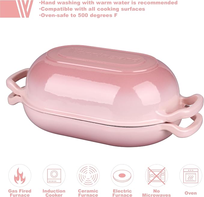 VORRINGARD Enameled Cast Iron Sourdough Bread Oven, Dutch Oven, Loaf Cast Iron Bread Pan for Homemade Bread Baking, Meatloaf Pan with Lid, 5QT, Pink
