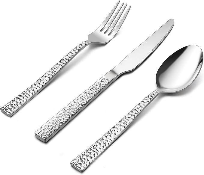 E-far 36-Piece Hammered Silverware Set, Stainless Steel Flatware Set for 12 | Mirror Polished Forks Spoons and Knives Utensils, Square Cutlery Set for Home Kitchen Restaurant, Dishwasher Safe