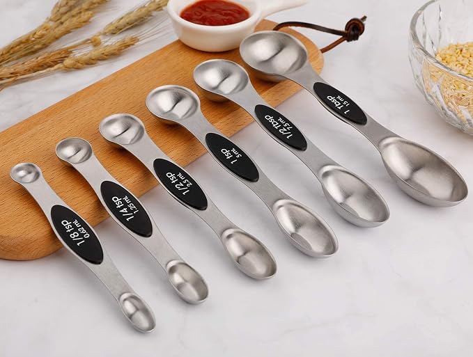 Magnetic Measuring Spoons Set of 6 Stainless Steel Dual Sided Teaspoon | for Measuring Dry and Liquid Ingredients