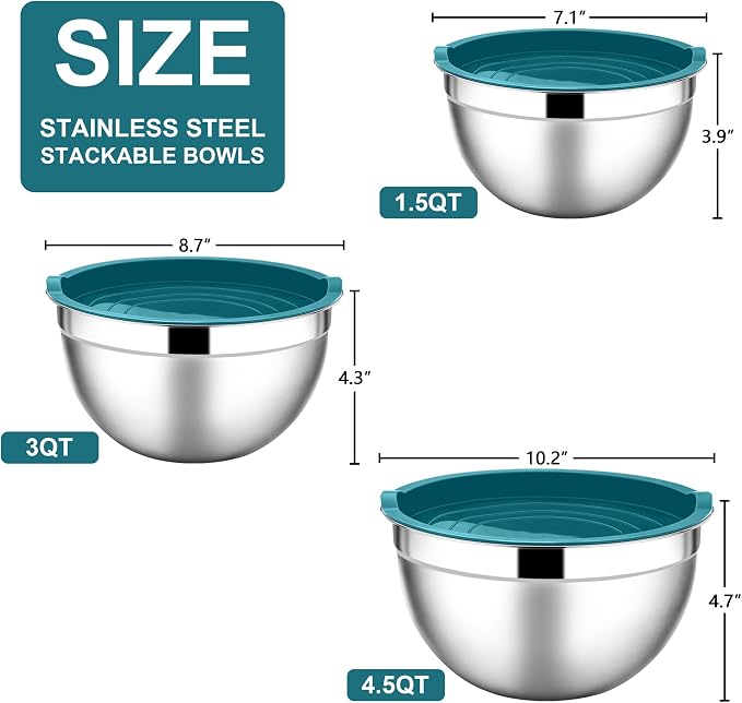 E-far Mixing Bowls with Lids Set, 6-Piece Stainless Steel Salad Bowls | Metal Nesting Cooking Bowls with Airtight Lid for Kitchen Storage, Baking & Prepping, Dishwasher Safe, 1.5/3/4.5 QT, Blue