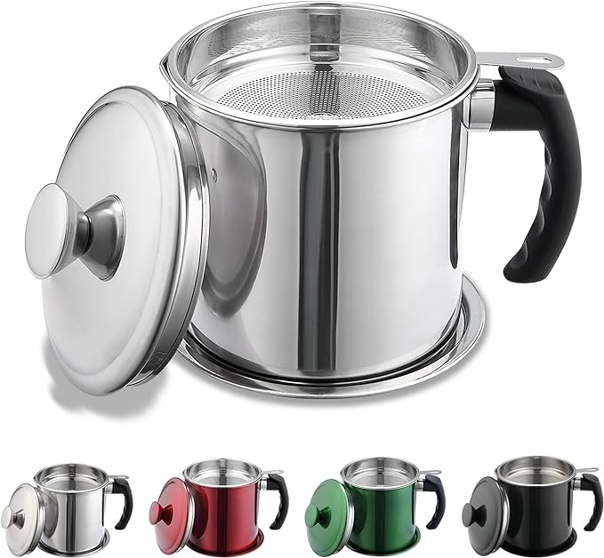 Kyraton Bacon Grease Container With Strainer, 48 oz Stainless Steel Oil Container, Pot Fat Storage With Lid, Easy Grip Handle Suitable For Storing Frying Oil And Cooking Grease 1. Silver