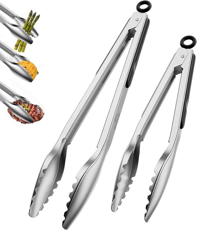 Kitchen Tongs with Teeth for Strong Gripping, 9 and 12-Inch, Black | 5-Layer Heavy Duty Stainless Steel, Good Gripping Teeth Prevent Loss of Food Into The Pot, Pull Lock, Dishwasher Safe, 1500 ℉