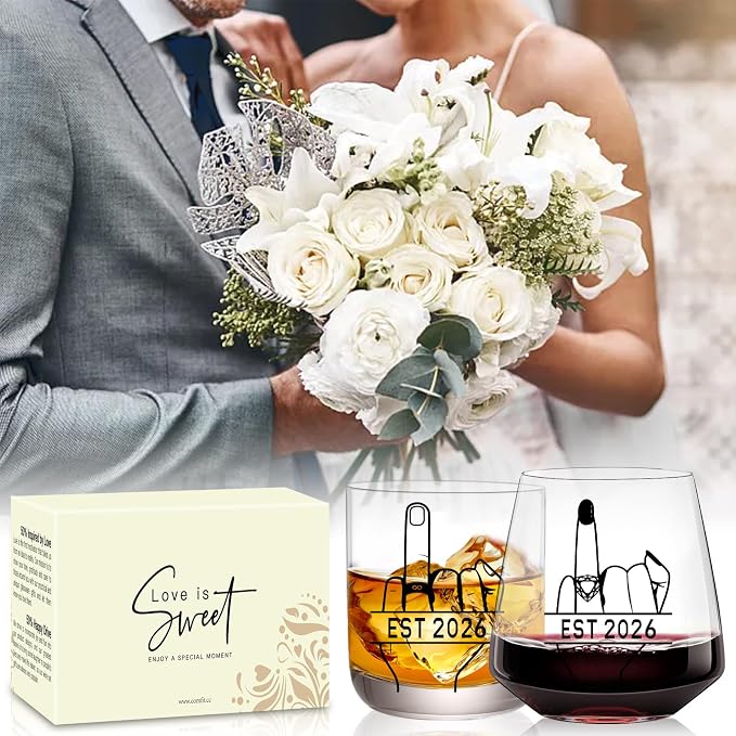 comfit Engagement Gifts for Couples 2026 - Bridal Shower Gift - Valentine's Day,Wedding Gifts for Couples, His and Hers, Newlywed - Wine&Whiskey Glass for Mr and Mrs
