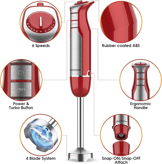 Blackcow Immersion Blender Handheld, Corded Hand Blenders Set 800W, 6 Speed Stick Blender 5 in 1 Stick Emulsifier with Chopper, Whisk and Frother for Soup, Baby Food and Smoothies, Red