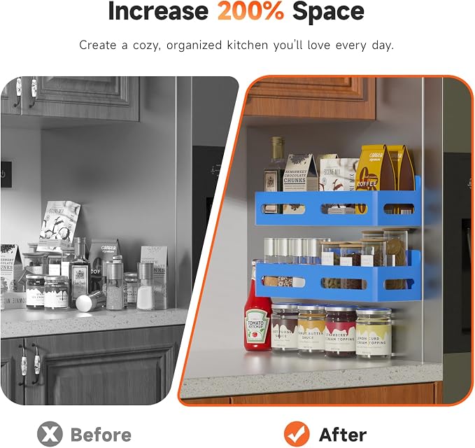 4-Pack Magnetic Spice Rack for Refrigerator with Hooks, Blue | Strong multipurpose magnetic shelf for kitchen & bathroom organization. Includes 4 removable hooks for hanging items.