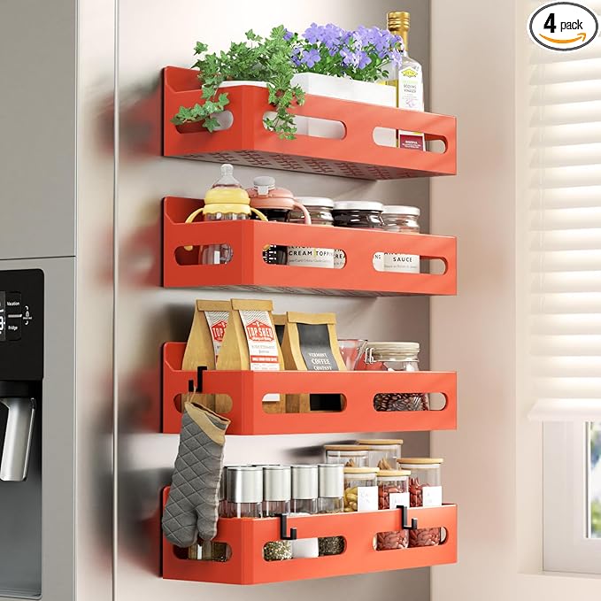 4-Pack Magnetic Spice Rack for Refrigerator with Hooks, Orange | Strong multipurpose magnetic shelf for kitchen & bathroom organization. Includes 4 removable hooks for hanging items.