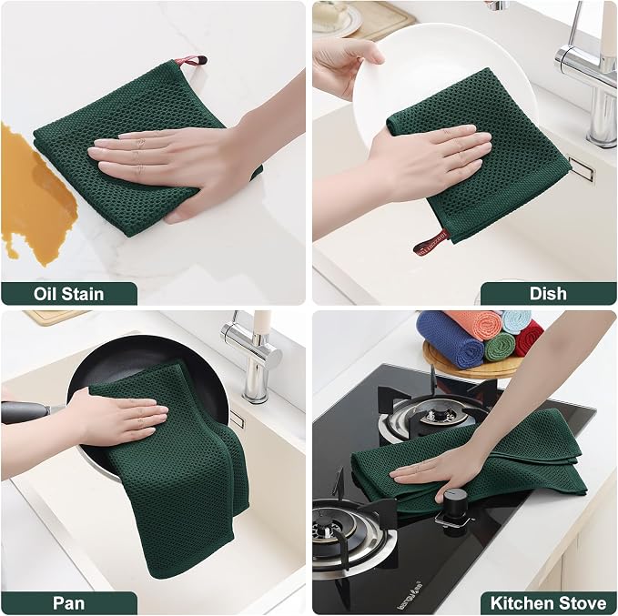 Homaxy 8 Pack 100% Cotton Kitchen Towels and Dishcloths Set, Blackish Green | 12 x 12 Inches and 13 x 28 Inches Kitchen Towels Set, Ultra Soft Absorbent Dish Cloths for Washing Dishes