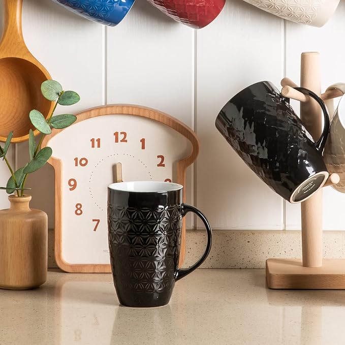 AmorArc 20 oz Large Coffee Mugs Set of 6, Black Ceramic Tall Coffee Cups | 3 Assorted Designs, Embossed Ceramic Coffee Mugs with Large Handle for Coffee/Tea/Cappuccino, Dishwasher&Microwave Safe