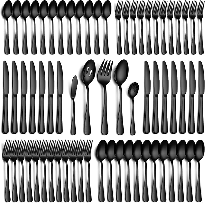 PHILIPALA 65 Piece Black Silverware Set with Serving Utensils, Stainless Steel Flatware Set for 12 Food Grade Cutlery Utensil Set Include Knife Fork Spoon Mirror Polished Dishwasher Safe