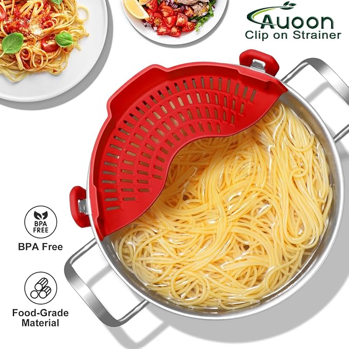 AUOON Pot Strainer Clip on Silicone, Large 10.45 x 4.33 in, Red | Fits Pots Pans Bowls, Dishwasher Safe, for Pasta Noodles Vegetable Fruits, Space-saving Kitchen Gadget