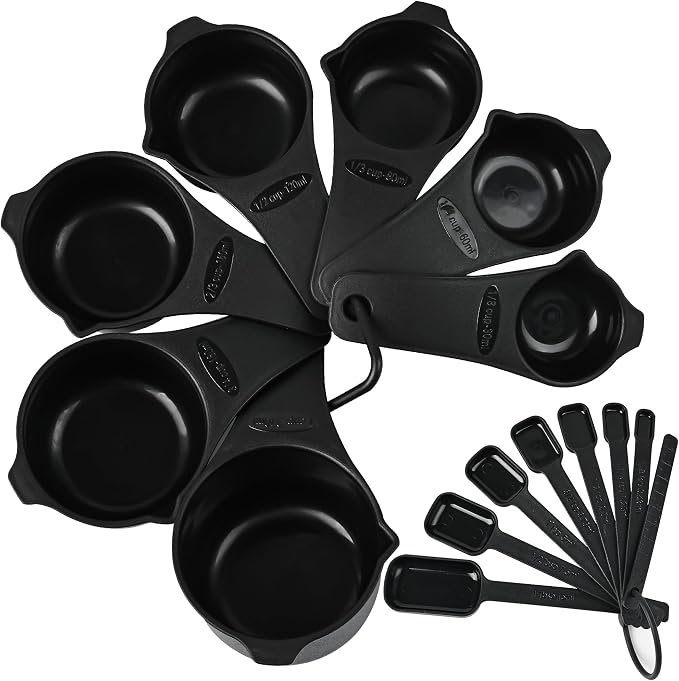 Measuring Cups and Spoons Set 15, Black Dry & Liquid Plastic Measuring Cups and Spoons, Metric & US 7 Measure Cups & 7 Measure Spoons for Kitchen & Baking