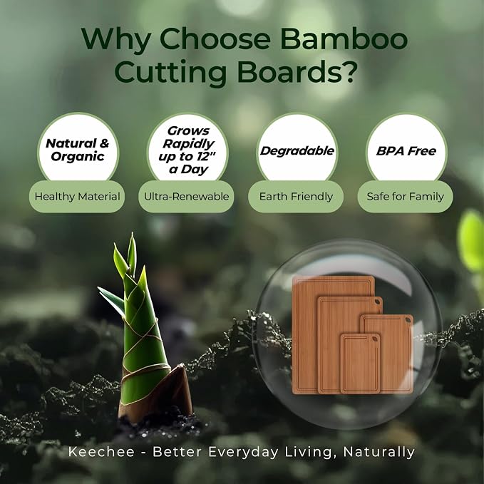 Keechee Carbonized Bamboo Cutting Board Set of 4, Kitchen Prep Boards | Non Toxic, Resisted-Cracking&Curling, Deep Juice Groove, Side Handles,Cross-Laminated Structure, Knife-Friendly