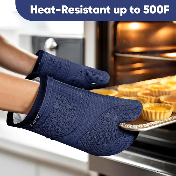 Silicone Oven Mitts, Heat Resistant Oven Gloves with Quilted Liner, Waterproof & Non-Slip Kitchen Mittens for Baking Cooking BBQ, 500°F, 12.5"-Ink Blue