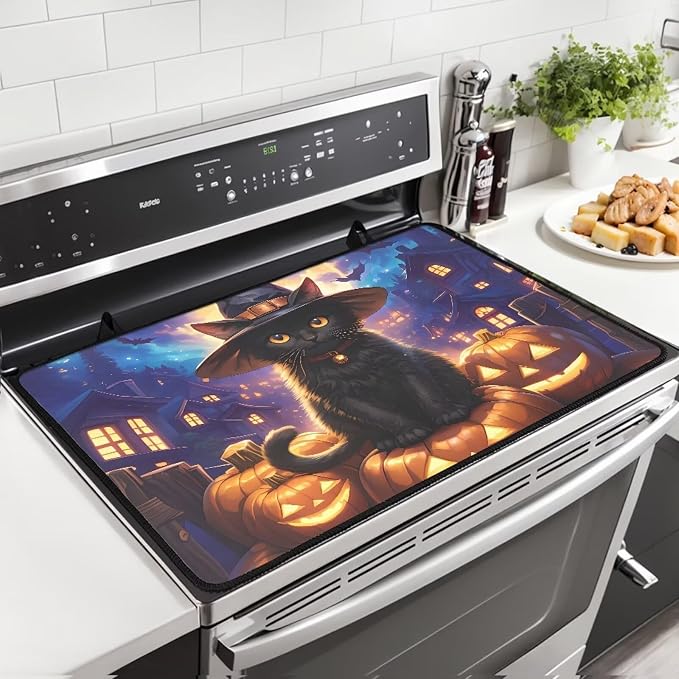 Cat Pumpkin Stove Top Covers for Electric Stove Heat Resistant Stove Mat with Anti-Slip Rubber Base Folding Dish Drying Mat for Kitchen Easy to Clean Halloween Decor for Kitchen