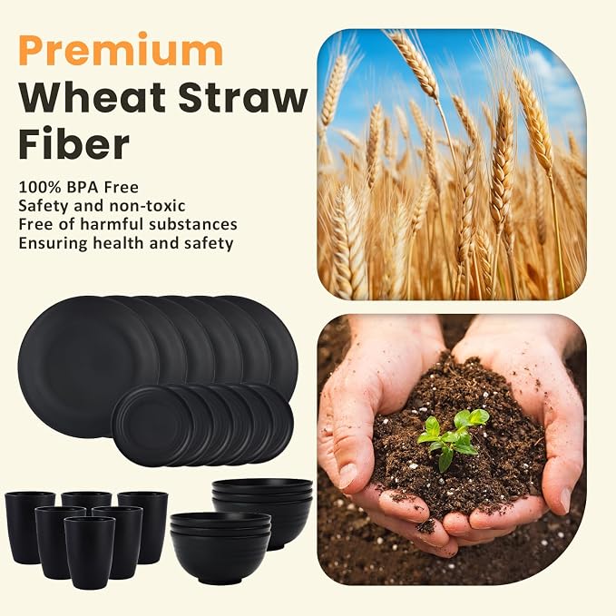 24-Piece Wheat Straw Dinnerware Sets,Service for 6 - Cups, Plates and Bowls Sets,Reusable Dishwasher and Microwave Safe Melamine Dinnerware Set for Home,Camping,RVs - Black