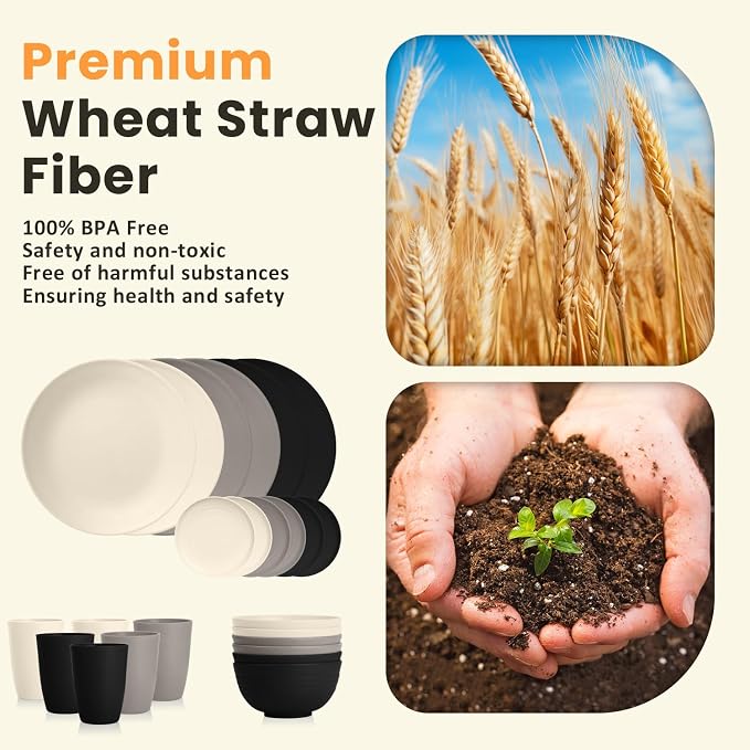 Wheat Straw Plates and Bowls Set, Lightweight & Unbreakable Dinnerware Set for Kitchen, Parties, Holidays, Microwave and Dishwasher Safe Dish Set - Plate Sets, Bowls, Cups, 24pcs (Grey Stone)