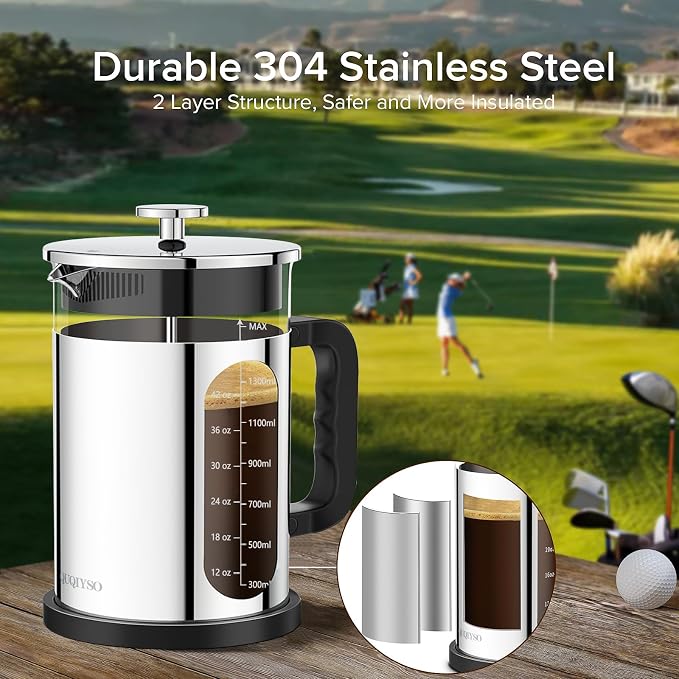 QUQIYSO French Press Coffee Maker 51oz, Stainless Steel Large French Press | Borosilicate Glass Coffee Maker,4 Filter,Coffee Press,Easy to Clean,Perfect for Party Kitchen Camping Travel Gifts(Silver)