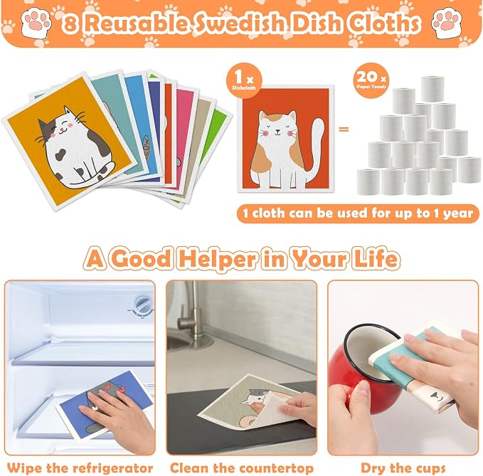 Lucomb Sedish Dishcloth (8 Pack-Cute Cat)