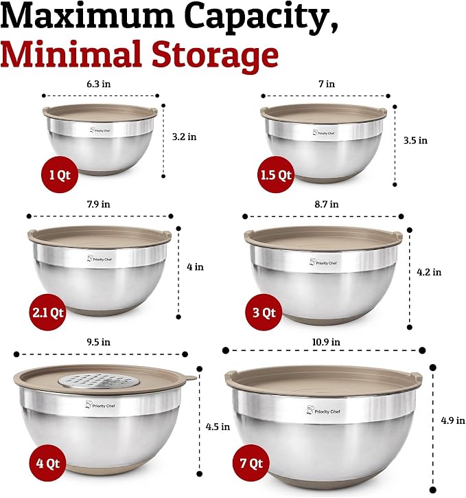 6Pc Stainless Steel Mixing Bowls with Lids Set, Huge 7 Qrt Size Metal Bowl Set for Kitchen, 3 Graters, Non-Slip Bases & Silicone Utensils Set, Khaki