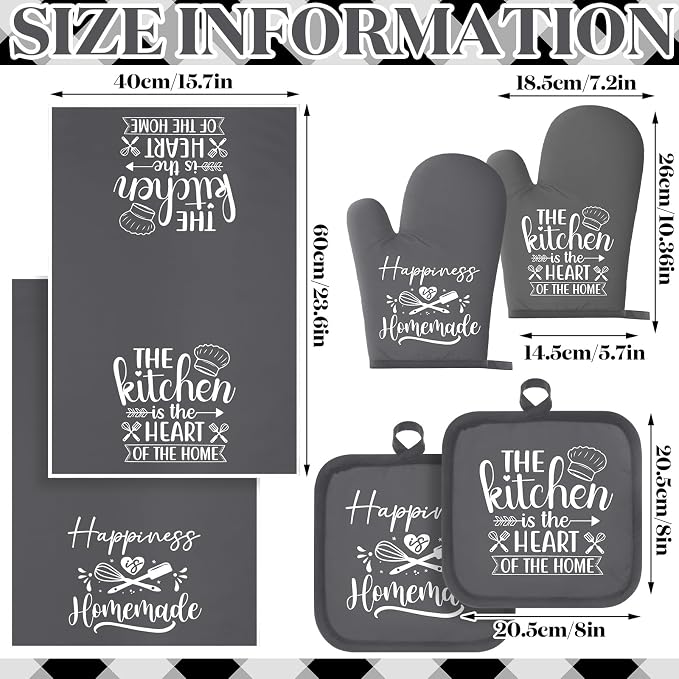 Sratte 6 Pcs Kitchen Decor Accessories Set, Kitchen, Dark Gray | Farmhouse Kitchen Towels Pot Holders Oven Mitts Set 2 Dish Towels 2 Potholders 2 Cooking Mittens for Baking Cooking Supply